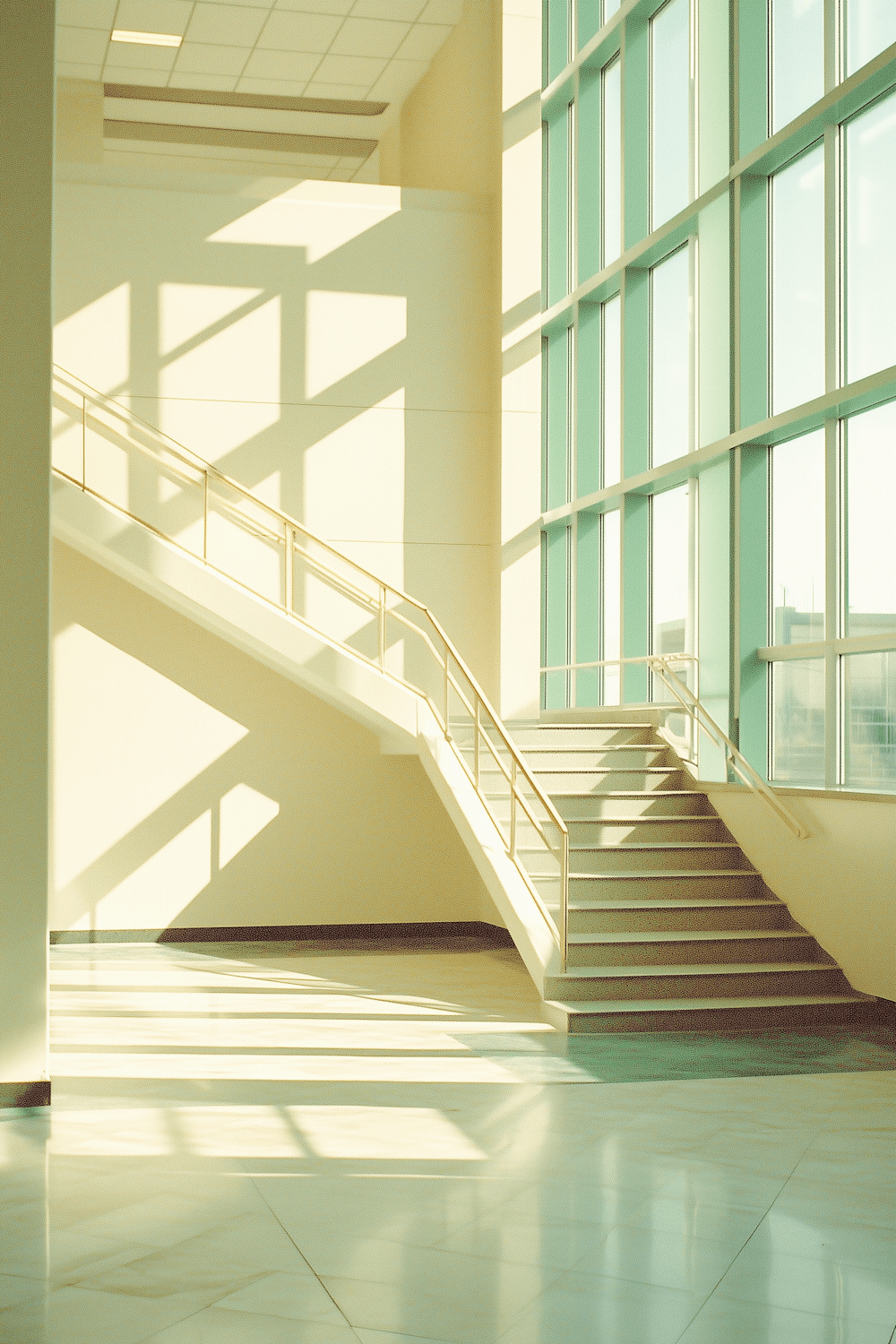 Sunlit staircase casting geometric shadows on cream walls